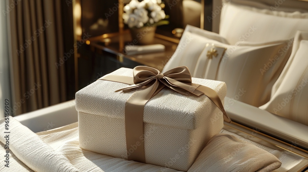 A white box with a ribbon on top of a bed A white box with a ribbon on top of a bed