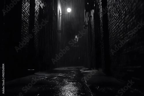 Rain-soaked film noir alleyway with a single, dim streetlamp
