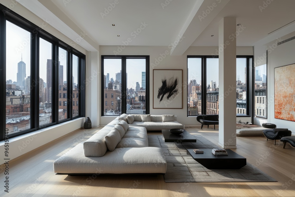 Modern living room with large windows and city view. Modern living room with large windows and city view.