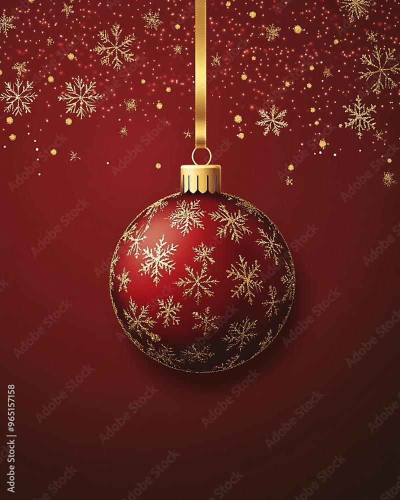 Red Ornament with Golden Snowflakes Hanging on a Ribbon Red Ornament with Golden Snowflakes Hanging on a Ribbon
