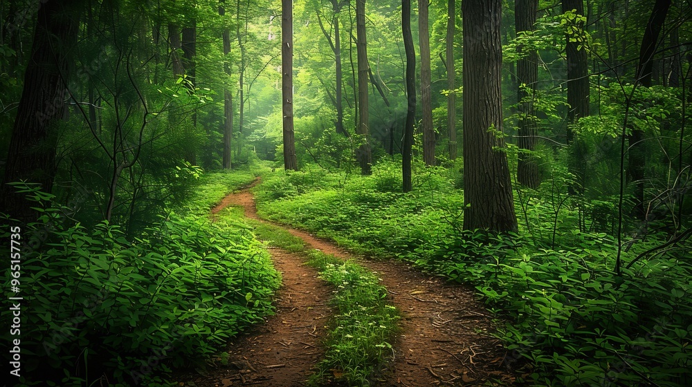 Fototapeta premium A forest path with a dirt road leading through it