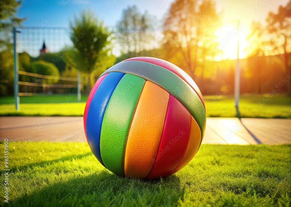 A brightly colored, inflated leather volleyball lies on a sunny outdoor court, surrounded by subtle shadows, with a soft focus on the surrounding grass. A brightly colored, inflated leather volleyball lies on a sunny outdoor court, surrounded by subtle shadows, with a soft focus on the surrounding grass.