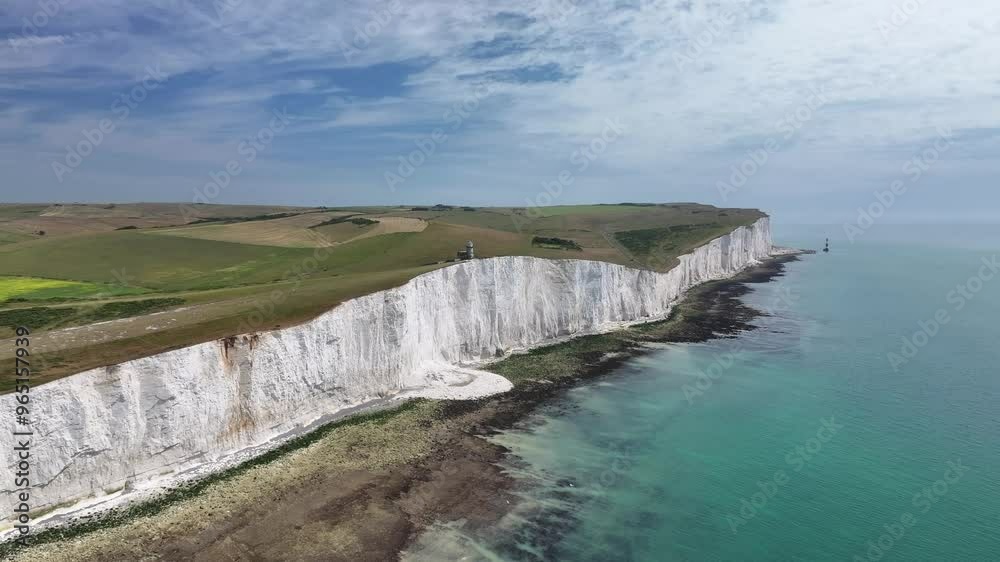 Aerial view of white chalk cliffs at Seven Sisters, South Downs National Park, East Sussex, England, United Kingdom, Europe Aerial view of white chalk cliffs at Seven Sisters, South Downs National Park, East Sussex, England, United Kingdom, Europe