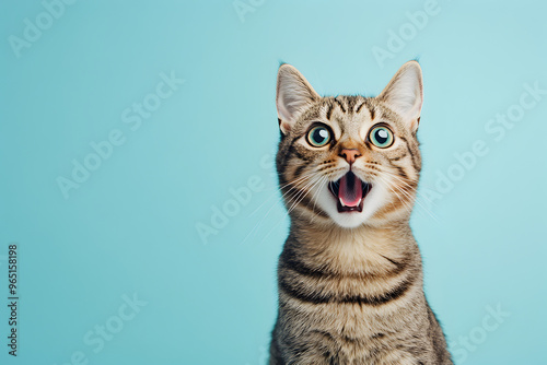 A funny cat with a surprised face and opened mouth with an isolated background photo