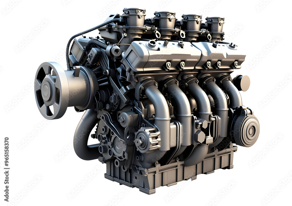 High-performance turbocharged engine with exposed components. Isolated on a transparent background. High-performance turbocharged engine with exposed components. Isolated on a transparent background.