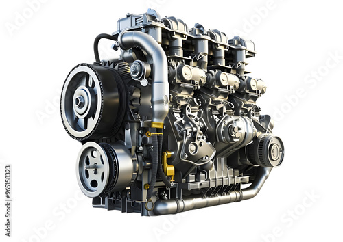 High-performance engine block with multiple cylinders and complex mechanics Isolated on a transparent background