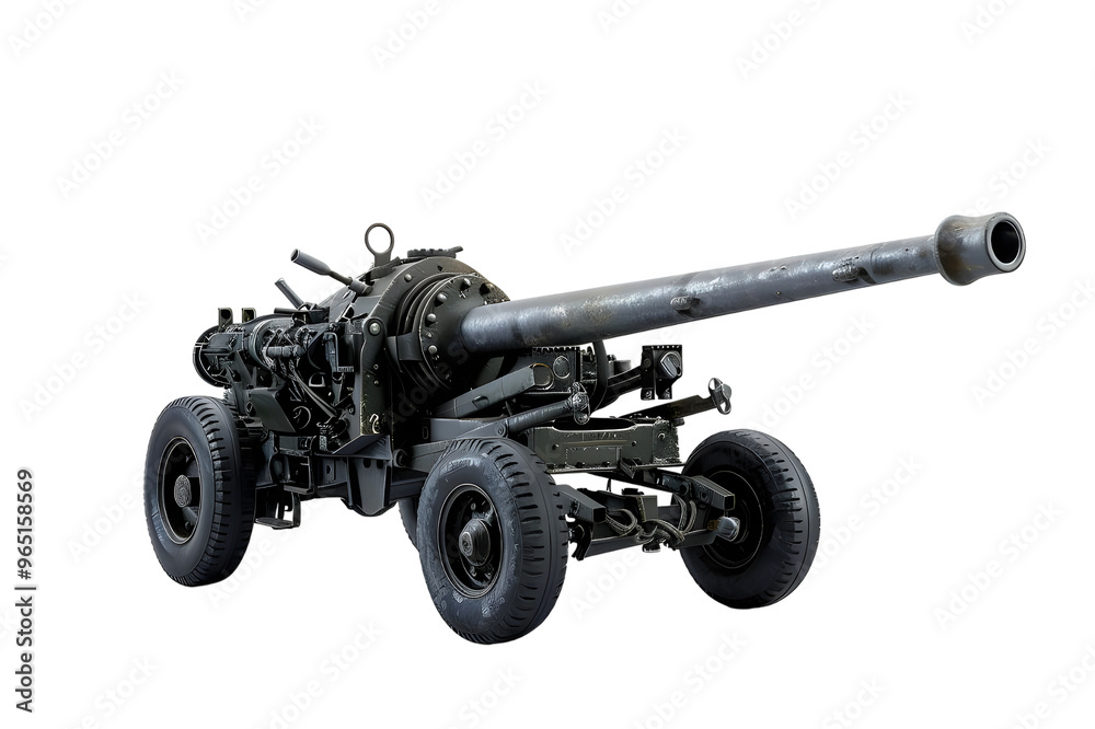 Heavy artillery weapon with large barrel and military-grade construction Isolated on a transparent background Heavy artillery weapon with large barrel and military-grade construction Isolated on a transparent background