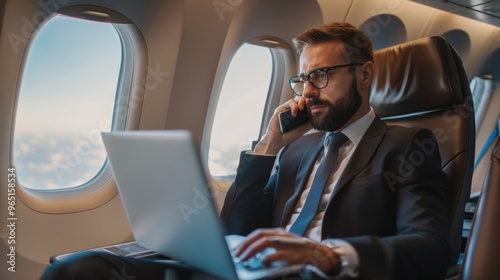 A busy young businessman is working on a laptop computer inside an airplane. with airline travel