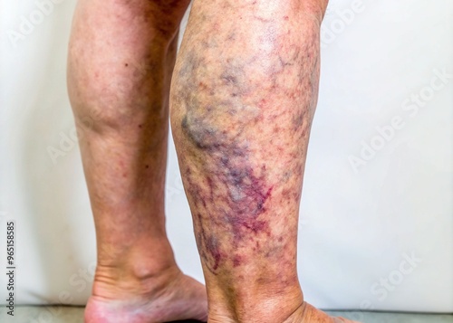 A close-up view of a person's swollen and discolored leg indicating deep vein thrombosis, with prominent veins and skin discoloration on the affected limb. photo