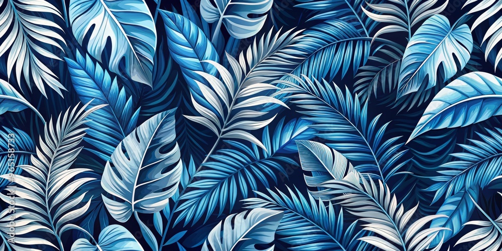Naklejka premium Tropical Blue Leaf Pattern, Seamless Design, Floral Background, Tropical Leaf, Summer , Blue, Pattern