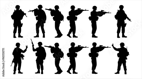 Army soldier and weapons with the rifle and other equipment Vector silhouette in collection design