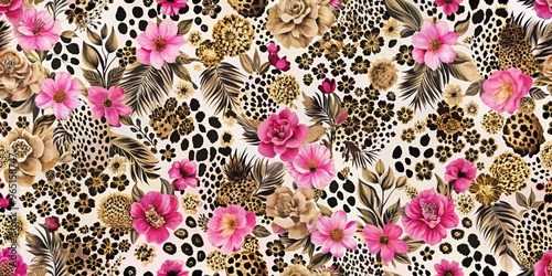 Tropical Floral Pattern with Leopard Spots, Watercolor Painting, Pink and Golden Flowers, Seamless Design, Tropical, Floral, Pattern