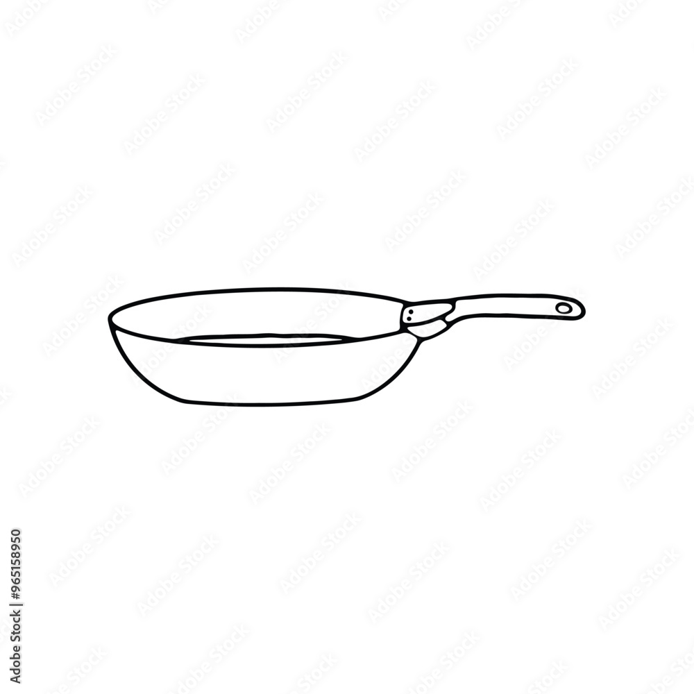 A black and white line drawing of a frying pan with a handle A black and white line drawing of a frying pan with a handle