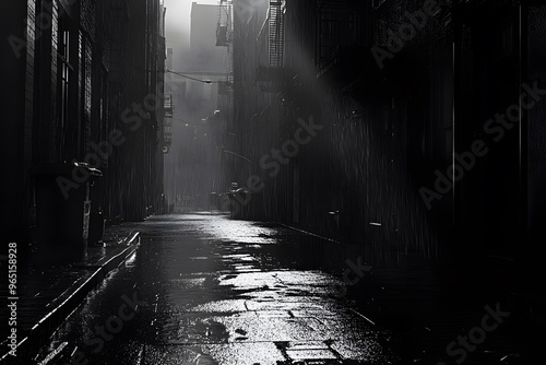 A somber, black-and-white film noir-inspired city street with rain and shadows