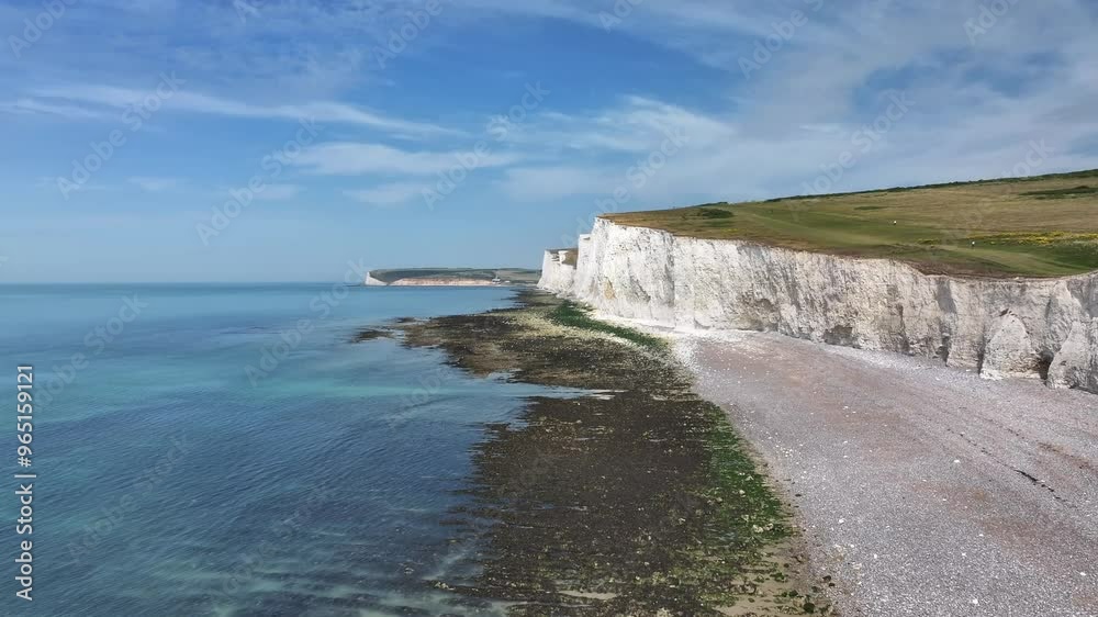 Aerial view of white chalk cliffs at Seven Sisters, South Downs National Park, East Sussex, England, United Kingdom, Europe Aerial view of white chalk cliffs at Seven Sisters, South Downs National Park, East Sussex, England, United Kingdom, Europe