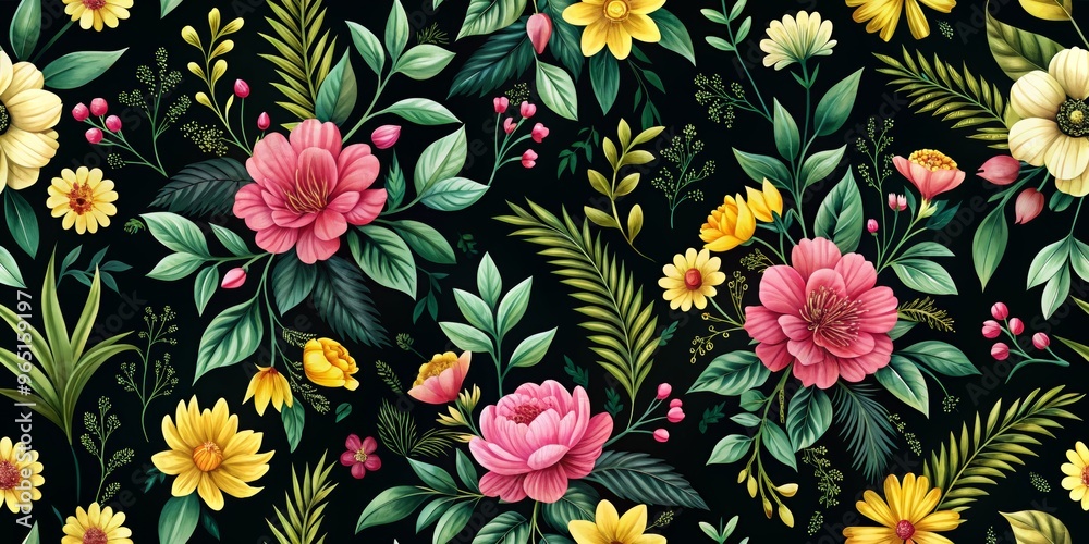 Vibrant Floral Pattern with Pink and Yellow Flowers on Black Background, digital art, illustration, seamless pattern, floral design, nature, spring Vibrant Floral Pattern with Pink and Yellow Flowers on Black Background, digital art, illustration, seamless pattern, floral design, nature, spring