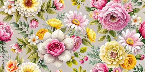 Vibrant Floral Watercolor Seamless Pattern - Pink, Yellow, White Flowers and Green Foliage on Neutral Background, botanical, floral, pattern,