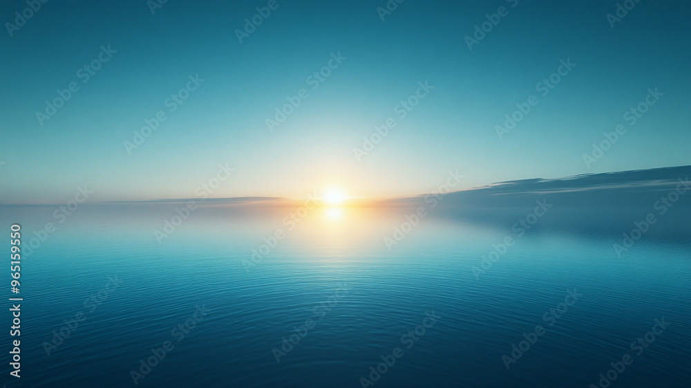 Obraz premium Sunrise over calm ocean waters with soft reflections and clear blue skies