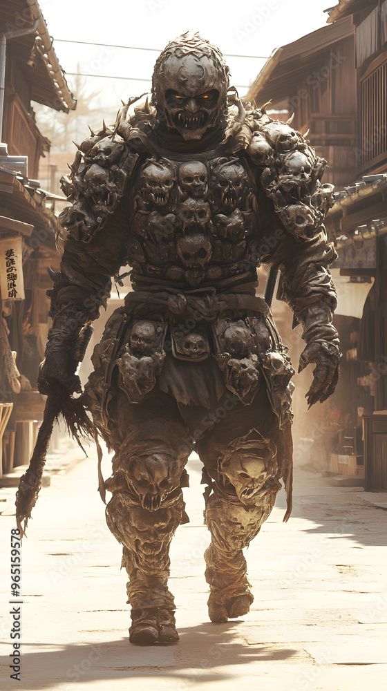 A samurai wearing menacing armor made from oni material, with a helmet, walking through an Edo period town during bright daylight A samurai wearing menacing armor made from oni material, with a helmet, walking through an Edo period town during bright daylight
