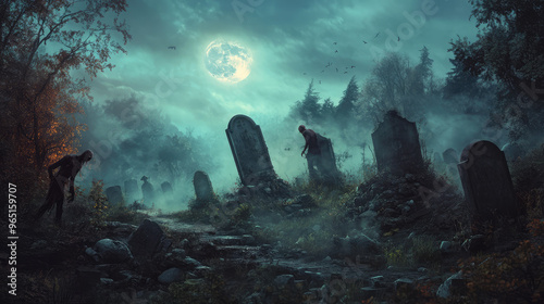 A graveyard with a full moon in the background