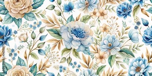 Watercolor Blue and Beige Floral Seamless Pattern, Watercolor Floral, Botanical Pattern, Floral Design