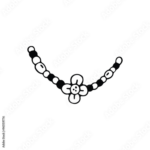 A black and white hand-drawn illustration of a bead necklace featuring a central flower design