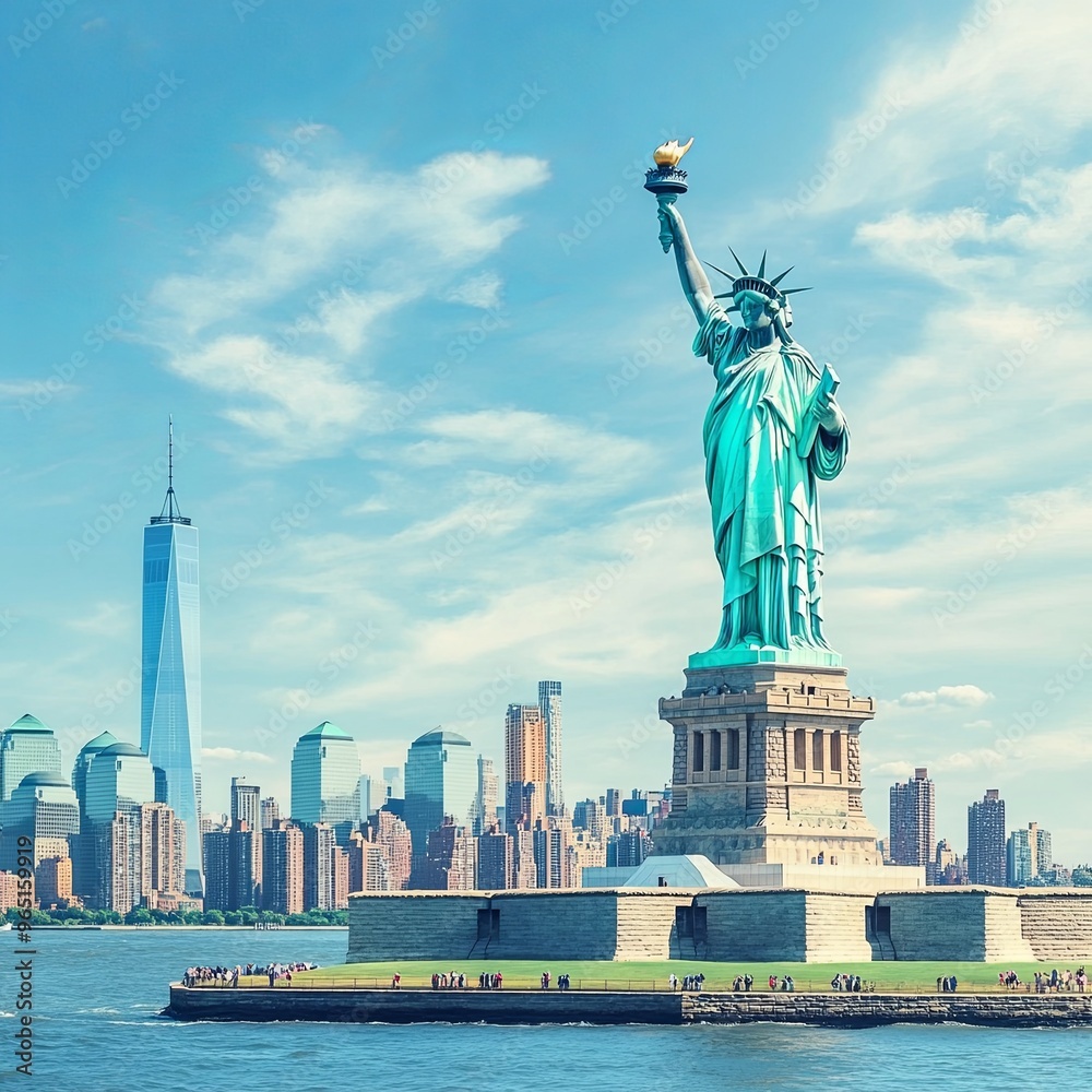 Fototapeta premium The Statue of Liberty over the Scene of New york cityscape river side which location is lower manhattan,Architecture and building with tourist concept