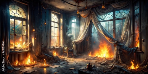 A dimly lit room crackles with flickering flames as shadows dance, foreboding ensues amidst splintered glass and tangled curtains. photo