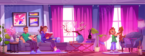 Family having rest together at home. Vector cartoon illustration of parents watching TV and reading book on couch, happy little boy playing with cute puppy, cozy living room with furniture and plants