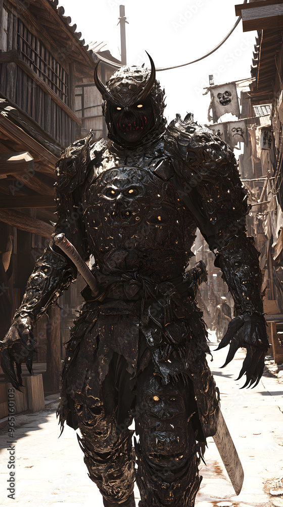 A samurai wearing menacing armor made from oni material, with a helmet, walking through an Edo period town during bright daylight