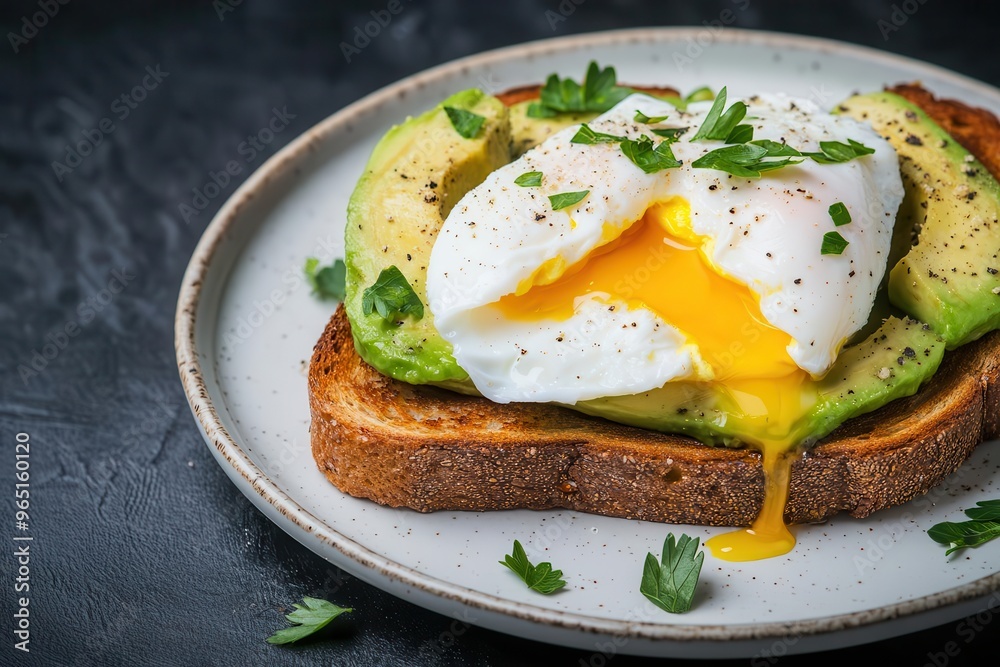 A delicious plate featuring toast topped with creamy avocado and a perfectly poached egg, garnished with fresh herbs. A delicious plate featuring toast topped with creamy avocado and a perfectly poached egg, garnished with fresh herbs.