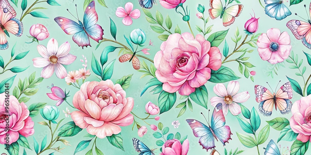 Watercolor Butterflies and Flowers Seamless Pattern on Mint Background, botanical , floral , wallpaper Watercolor Butterflies and Flowers Seamless Pattern on Mint Background, botanical , floral , wallpaper