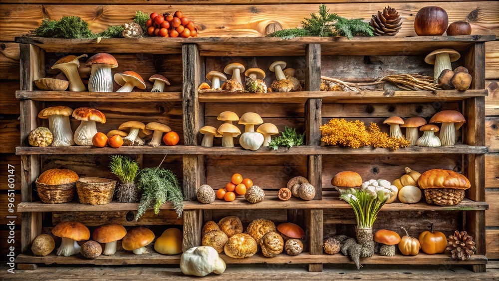 Cradled in rustic wooden shelves, variously shaped and sized mushrooms line the surface, their earthy hues and textures Cradled in rustic wooden shelves, variously shaped and sized mushrooms line the surface, their earthy hues and textures