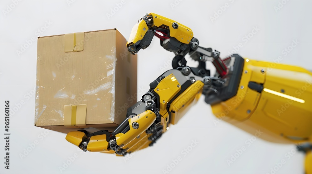 Obraz premium A yellow robotic arm holding a cardboard box against a white background.