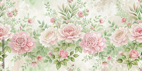 Watercolor Floral Bouquet with Green Foliage on a Vintage Background, seamless pattern, pink roses, green leaves, floral wallpaper, floral design, vintage design