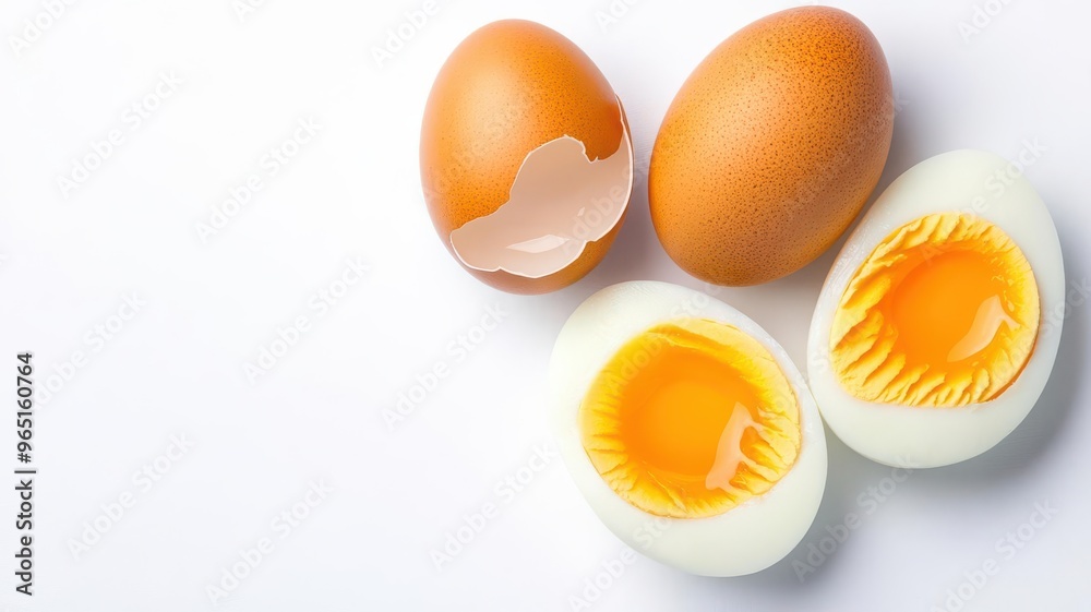 Fresh eggs with a cracked shell and a perfectly cooked boiled egg cut in half, displaying vibrant yellow yolk. Fresh eggs with a cracked shell and a perfectly cooked boiled egg cut in half, displaying vibrant yellow yolk.