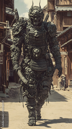 A samurai wearing menacing armor made from oni material, with a helmet, walking through an Edo period town during bright daylight