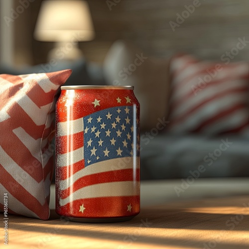 This Indipendence day frosted glass can mockup is an image composed by a can glass with an USA pillow on the background. It's a 3D rendering. photo