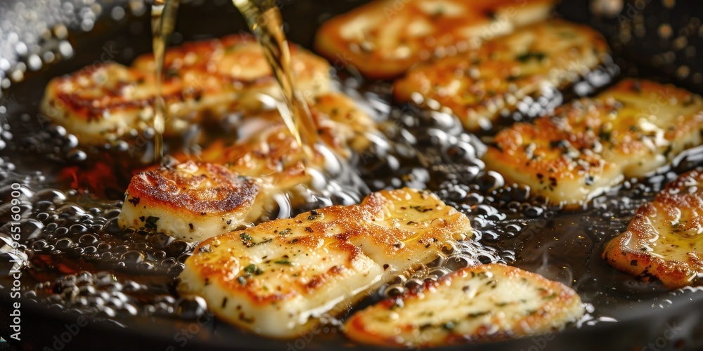 Close-up view of fried cheese rectangles sizzling in a pan with bubbling oil, with selective focus and ample empty space. Close-up view of fried cheese rectangles sizzling in a pan with bubbling oil, with selective focus and ample empty space.