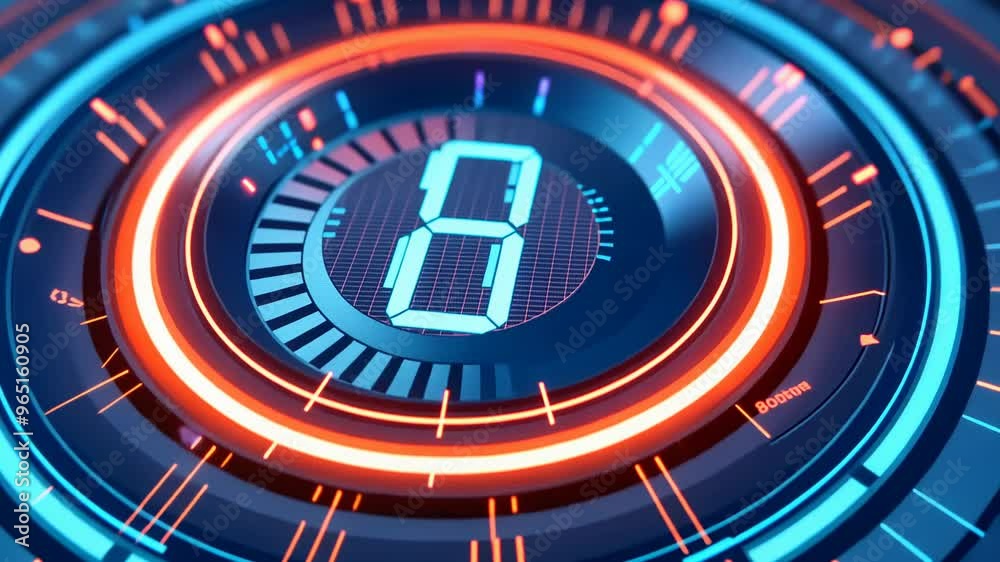 Futuristic digital interface with glowing holographic elements and a prominent number 8 Futuristic digital interface with glowing holographic elements and a prominent number 8