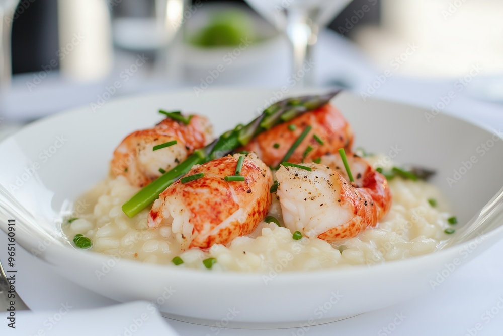 lobster risotto with asparagus tips and a sprinkle of chives, served in a fine dining setting lobster risotto with asparagus tips and a sprinkle of chives, served in a fine dining setting
