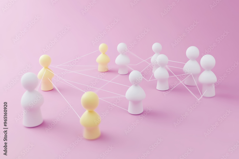 Obraz premium Colorful figures connect with lines on a pink background, illustrating communication and collaboration among people