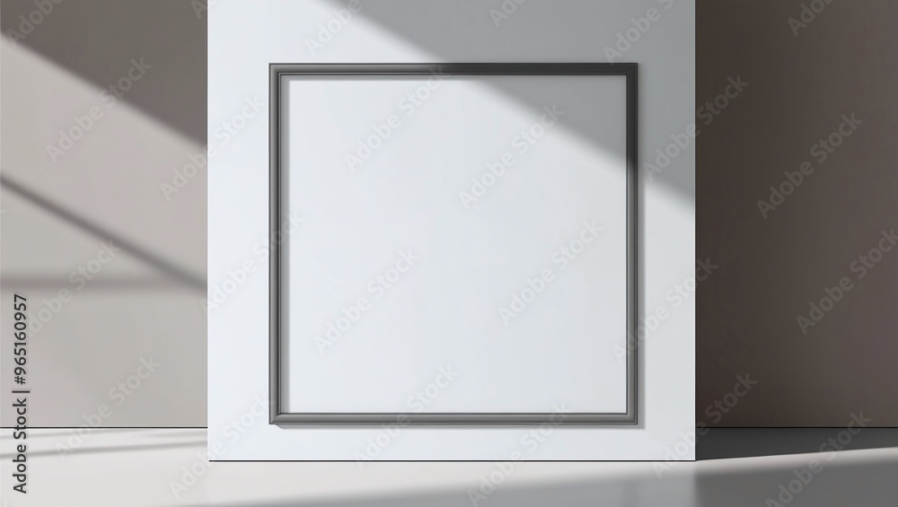 Minimalist empty room with a large window, featuring a blank frame on the wall, perfect for gallery design or home interior decoration Minimalist empty room with a large window, featuring a blank frame on the wall, perfect for gallery design or home interior decoration