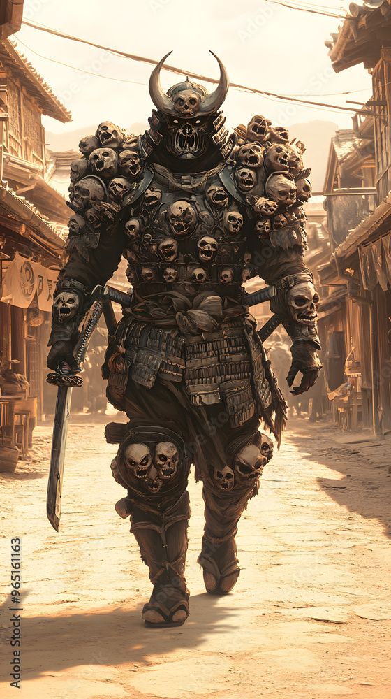 A samurai wearing menacing armor made from oni material, with a helmet, walking through an Edo period town during bright daylight