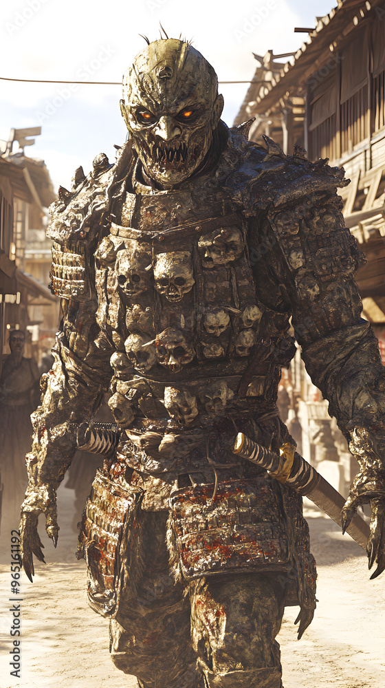 A samurai wearing menacing armor made from oni material, with a helmet, walking through an Edo period town during bright daylight A samurai wearing menacing armor made from oni material, with a helmet, walking through an Edo period town during bright daylight