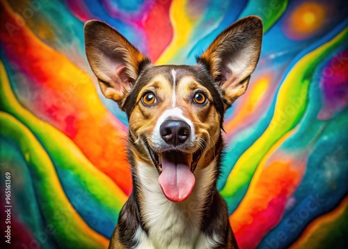 A goofy, ears-perked up, and tongue-out dog, with a hilarious, exaggerated expression, sitting in front of a colorful, contrasted background, conveying playful, mischievous humor. photo