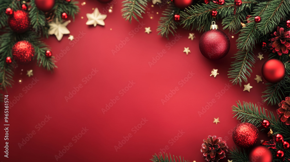 Festive red background with empty space for text adorned with Christmas ornaments, stars, and pine branches for holiday decoration during winter season Festive red background with empty space for text adorned with Christmas ornaments, stars, and pine branches for holiday decoration during winter season