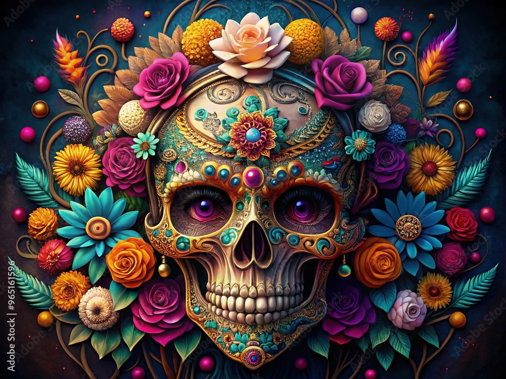 A highly detailed, intricately designed sugar skull adorned with vibrant flowers, ornate swirls, and glittering gemstones, set against a dark, mysterious, and dramatic background.