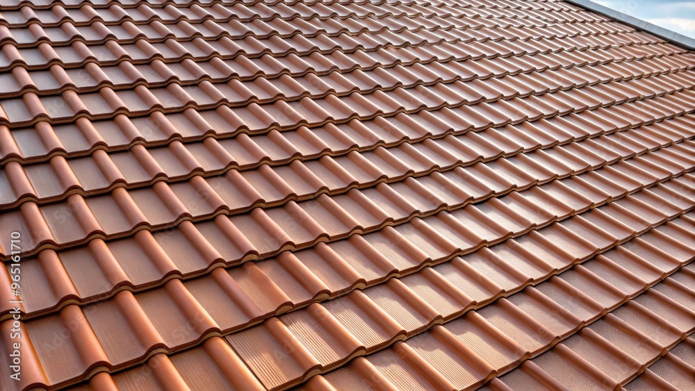 Modern roof covered with tile effect PVC coated brown metal roof sheets , roof, modern, tile effect, PVC coated, brown Modern roof covered with tile effect PVC coated brown metal roof sheets , roof, modern, tile effect, PVC coated, brown