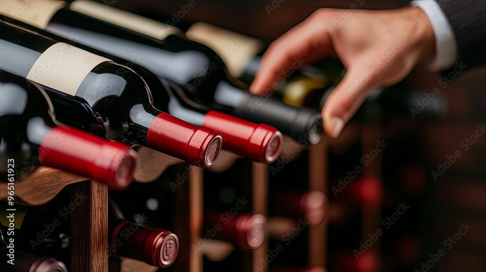 Fototapeta premium Wooden wine rack with a variety of wine bottles, hand reaching for a bottle, focus on human interaction, soft focus in the background